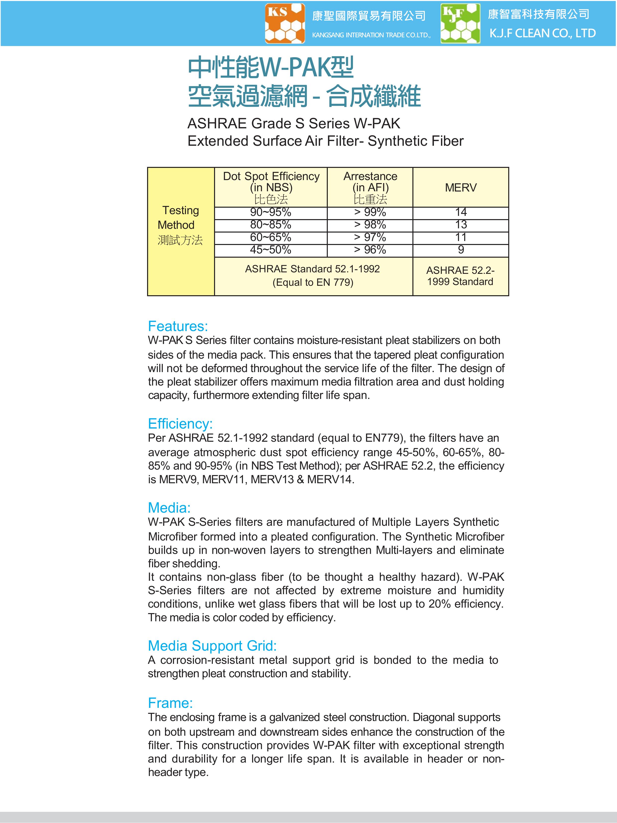 中性能W-PAK型空氣濾網-合成纖維